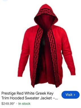 Red Shawl-Collar Cardigan with Black Greek Key Trim